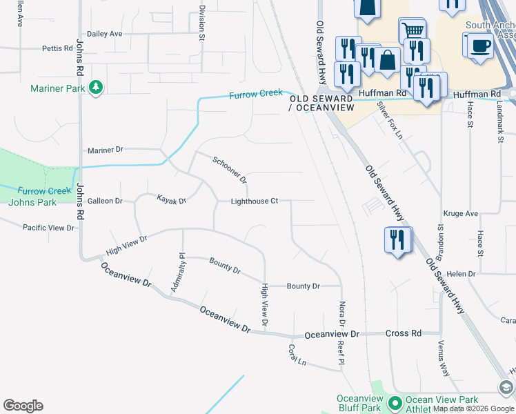 map of restaurants, bars, coffee shops, grocery stores, and more near 12731 Schooner Drive in Anchorage