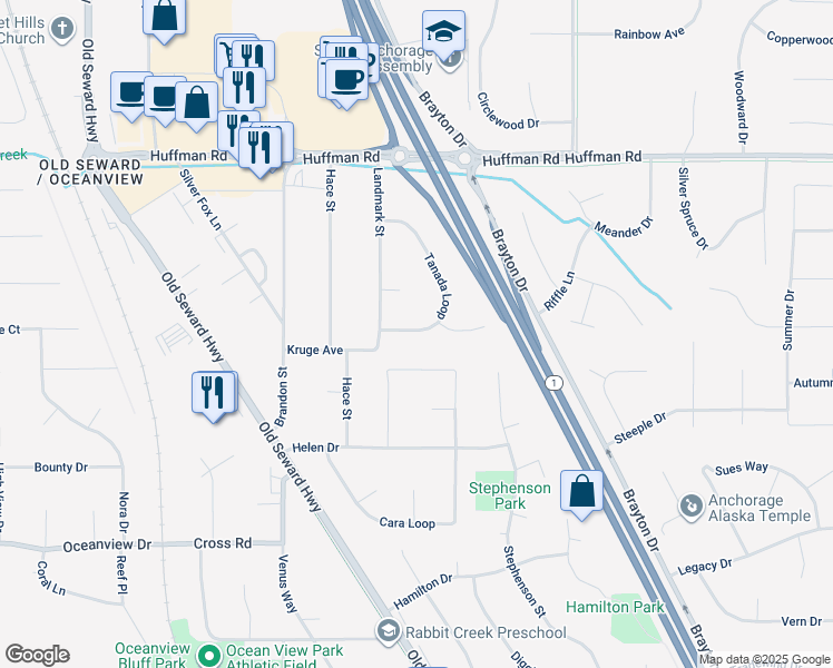 map of restaurants, bars, coffee shops, grocery stores, and more near 12750 Tanada Loop in Anchorage