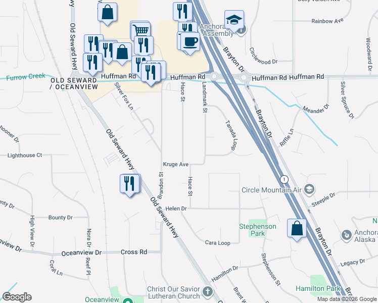 map of restaurants, bars, coffee shops, grocery stores, and more near 12723 Hace Street in Anchorage