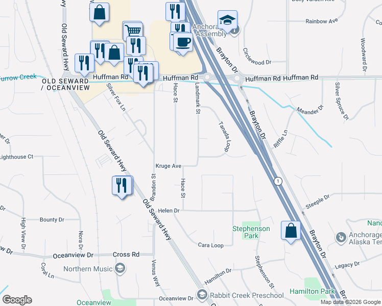map of restaurants, bars, coffee shops, grocery stores, and more near 12720 Landmark Street in Anchorage