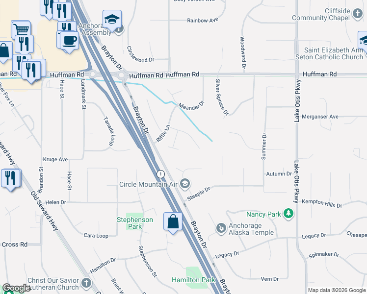 map of restaurants, bars, coffee shops, grocery stores, and more near 12731 Rivulet Cir in Anchorage
