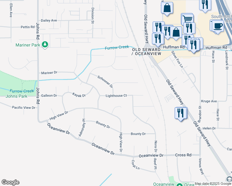map of restaurants, bars, coffee shops, grocery stores, and more near 12731 Schooner Drive in Anchorage