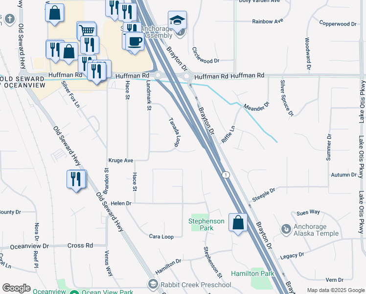 map of restaurants, bars, coffee shops, grocery stores, and more near 12641 Tanada Circle in Anchorage