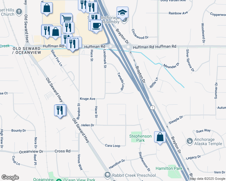 map of restaurants, bars, coffee shops, grocery stores, and more near 12750 Tanada Loop in Anchorage