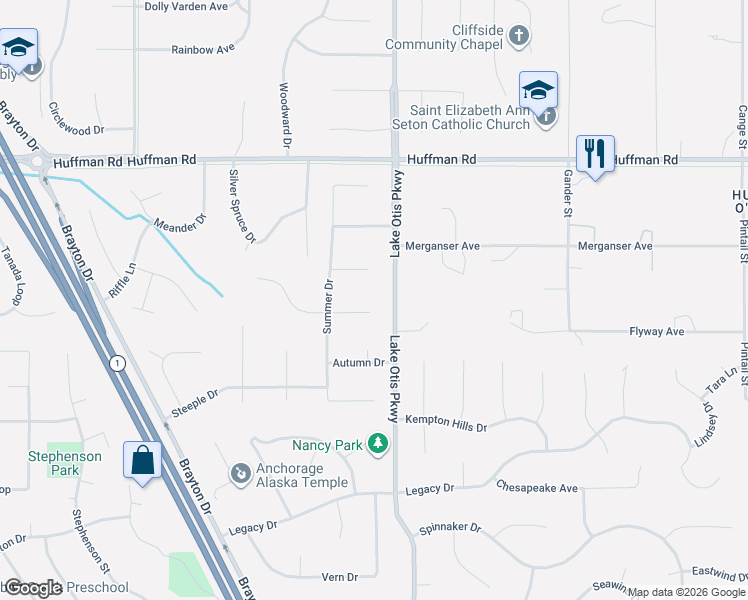 map of restaurants, bars, coffee shops, grocery stores, and more near 2531 Maylen Circle in Anchorage