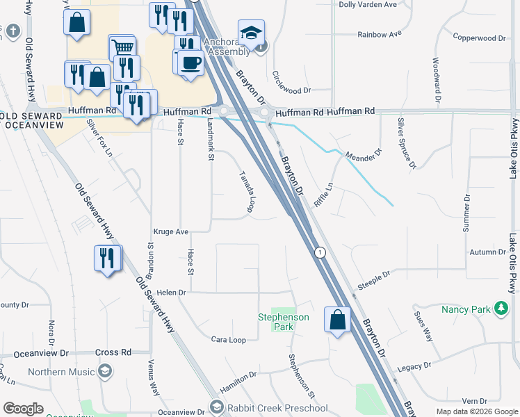 map of restaurants, bars, coffee shops, grocery stores, and more near 12641 Tanada Circle in Anchorage