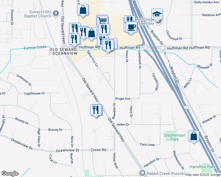 map of restaurants, bars, coffee shops, grocery stores, and more near 12710 Silver Fox Lane in Anchorage