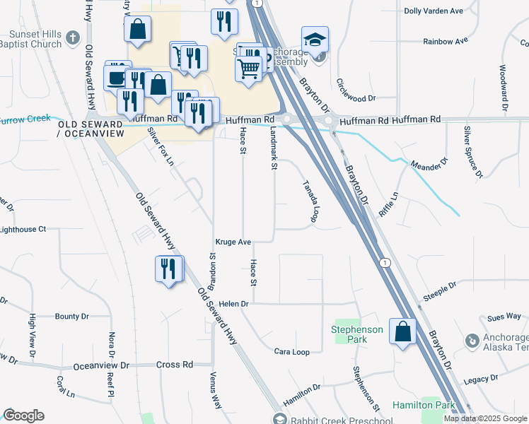map of restaurants, bars, coffee shops, grocery stores, and more near 12720 Landmark Street in Anchorage