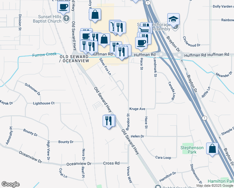 map of restaurants, bars, coffee shops, grocery stores, and more near 12710 Silver Fox Lane in Anchorage