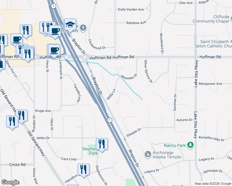 map of restaurants, bars, coffee shops, grocery stores, and more near 12750 Rivulet Circle in Anchorage
