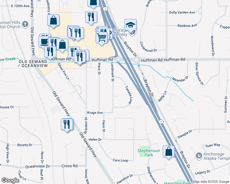 map of restaurants, bars, coffee shops, grocery stores, and more near 12530 Landmark Street in Anchorage