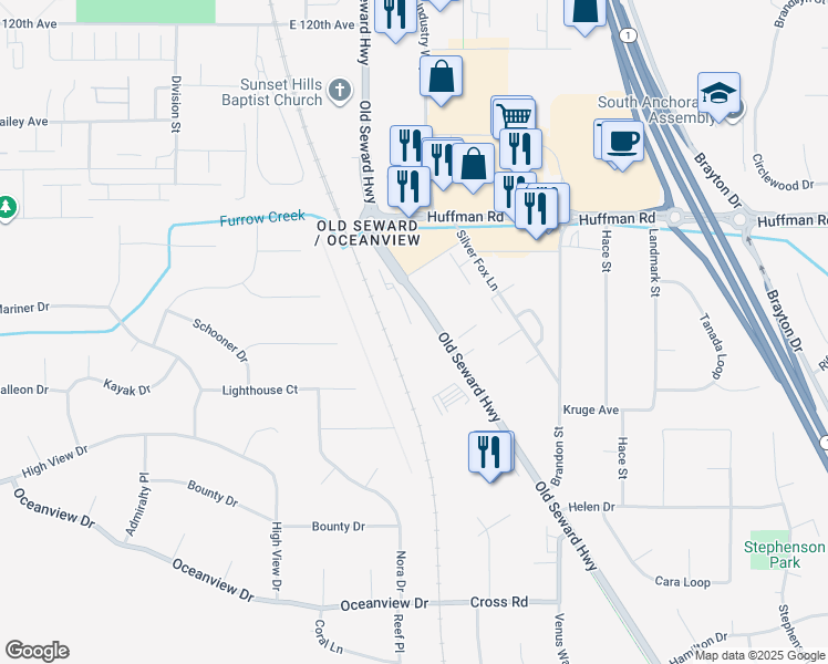 map of restaurants, bars, coffee shops, grocery stores, and more near 12600 Old Seward Hwy in Anchorage