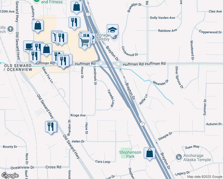 map of restaurants, bars, coffee shops, grocery stores, and more near 12561 Tanada Loop in Anchorage
