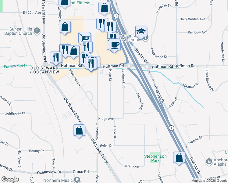 map of restaurants, bars, coffee shops, grocery stores, and more near 12543 Hace Street in Anchorage