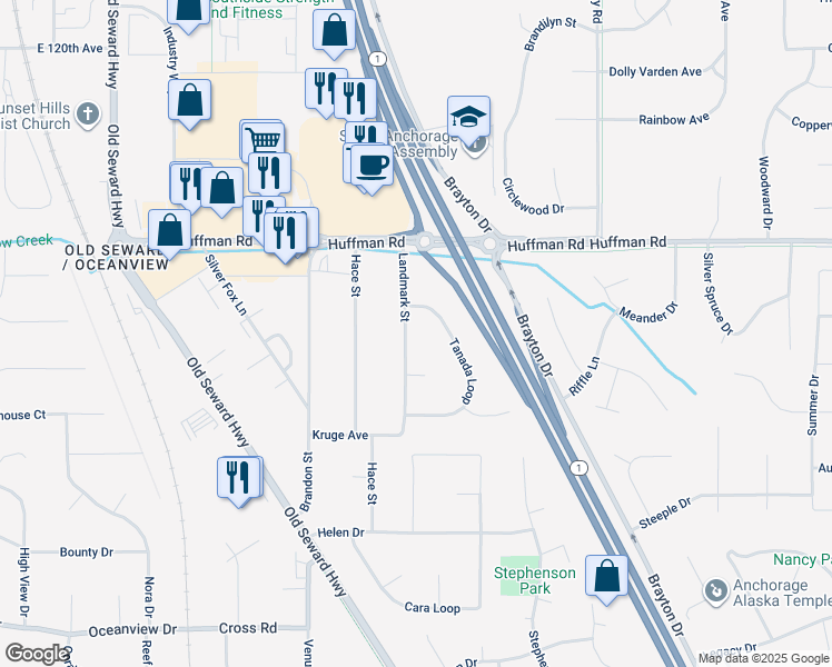 map of restaurants, bars, coffee shops, grocery stores, and more near 12550 Tanada Loop in Anchorage