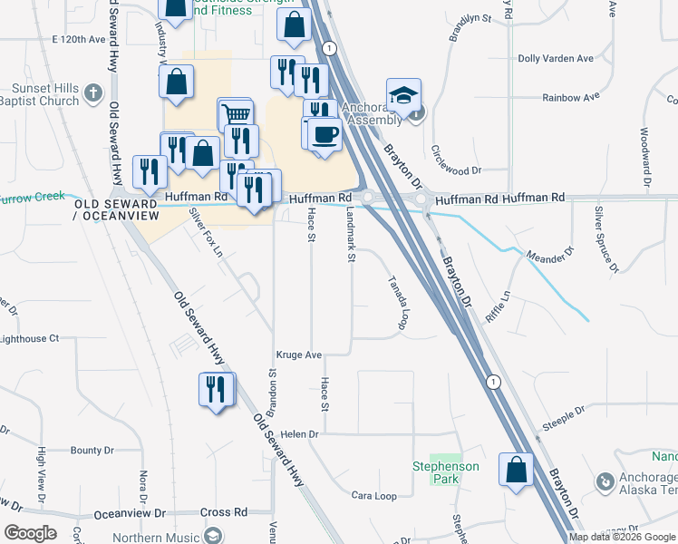 map of restaurants, bars, coffee shops, grocery stores, and more near 12530 Landmark Street in Anchorage