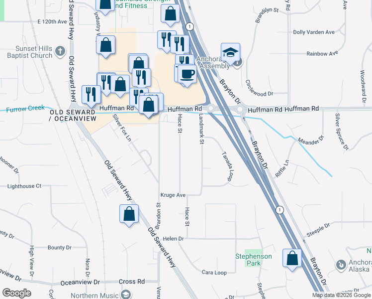 map of restaurants, bars, coffee shops, grocery stores, and more near 12543 Hace Street in Anchorage