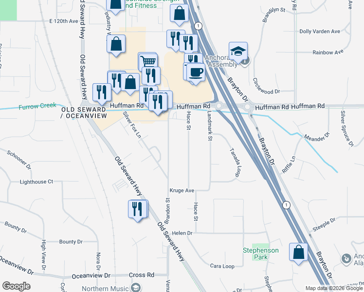 map of restaurants, bars, coffee shops, grocery stores, and more near 12543 Hace Street in Anchorage