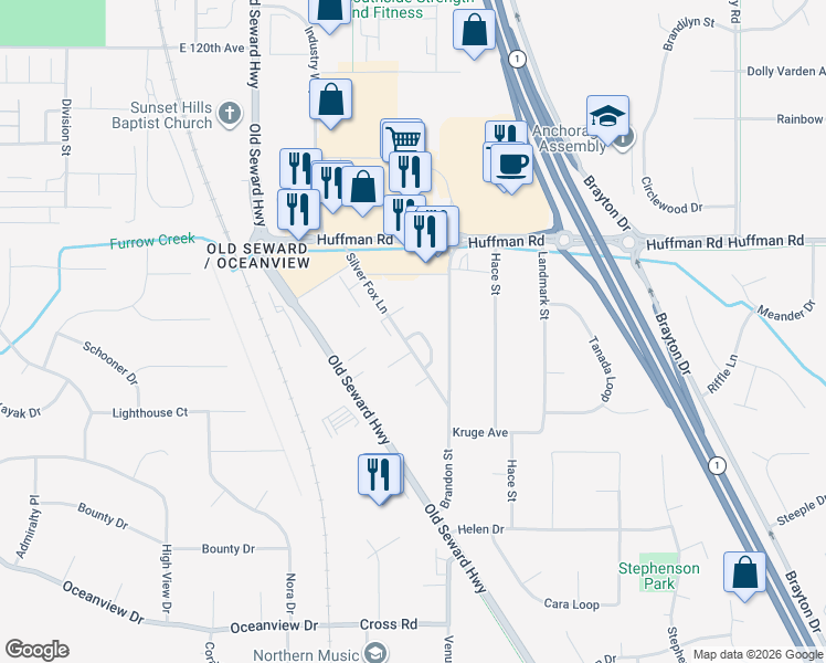 map of restaurants, bars, coffee shops, grocery stores, and more near 12539 Silver Fox Lane in Anchorage