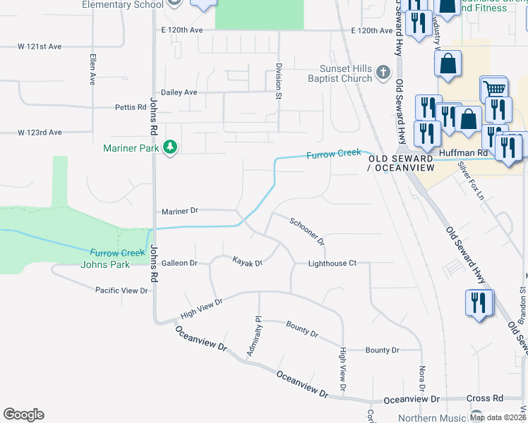 map of restaurants, bars, coffee shops, grocery stores, and more near 12601 Beachcomber Drive in Anchorage