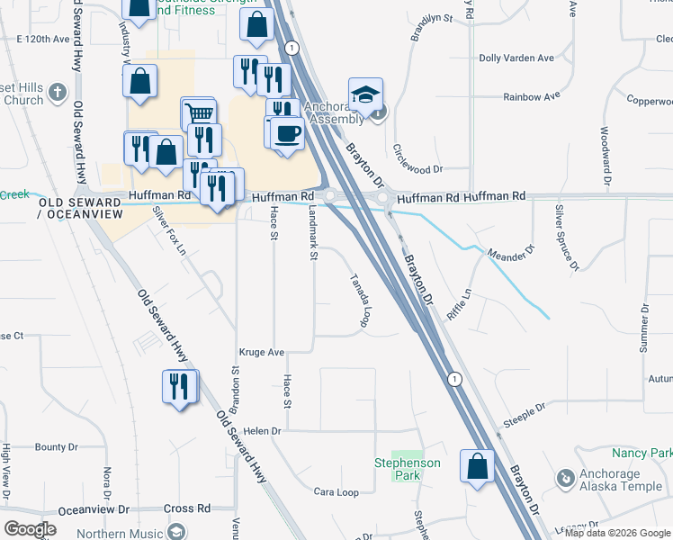 map of restaurants, bars, coffee shops, grocery stores, and more near 12550 Tanada Loop in Anchorage