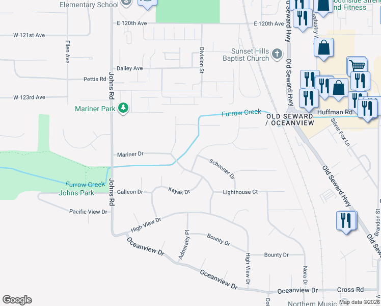 map of restaurants, bars, coffee shops, grocery stores, and more near 12601 Beachcomber Drive in Anchorage
