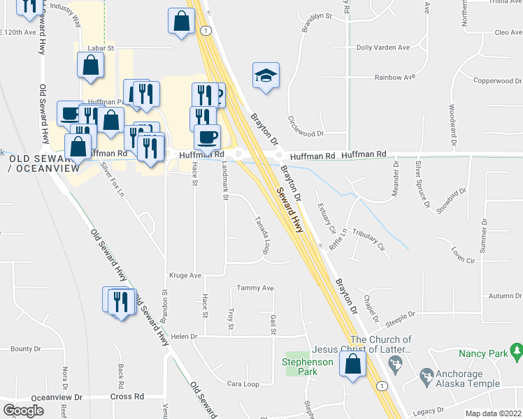 map of restaurants, bars, coffee shops, grocery stores, and more near 12561 Tanada Loop in Anchorage