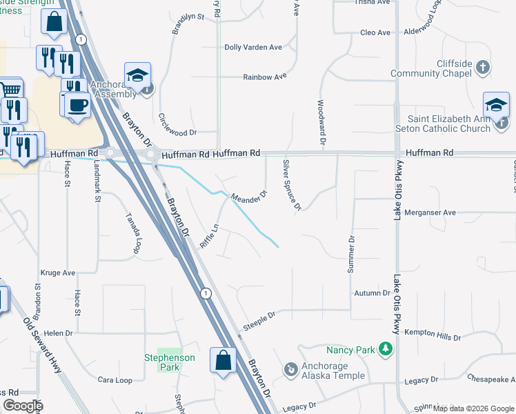 map of restaurants, bars, coffee shops, grocery stores, and more near 2048 Meander Drive in Anchorage
