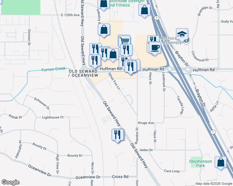 map of restaurants, bars, coffee shops, grocery stores, and more near 12530 Silver Fox Lane in Anchorage