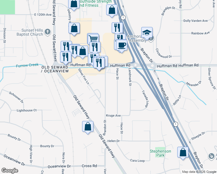 map of restaurants, bars, coffee shops, grocery stores, and more near 12531 Brandon St in Anchorage