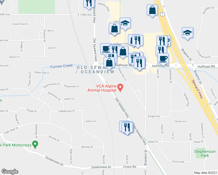 map of restaurants, bars, coffee shops, grocery stores, and more near 12600 Old Seward Highway in Anchorage