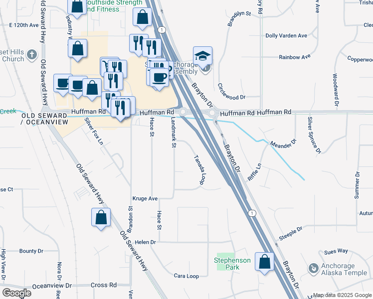 map of restaurants, bars, coffee shops, grocery stores, and more near 12530 Tanada Loop in Anchorage