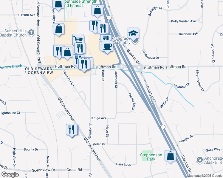 map of restaurants, bars, coffee shops, grocery stores, and more near 12530 Landmark Street in Anchorage