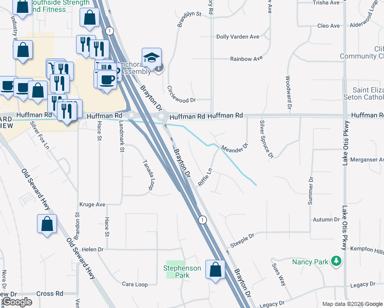 map of restaurants, bars, coffee shops, grocery stores, and more near 12549 Estuary Circle in Anchorage