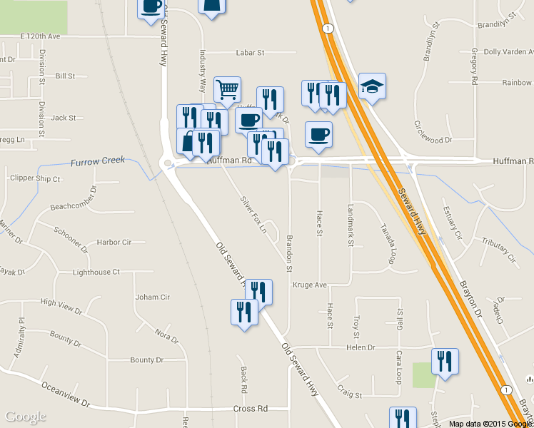 map of restaurants, bars, coffee shops, grocery stores, and more near 12539 Silver Fox Ln in Anchorage