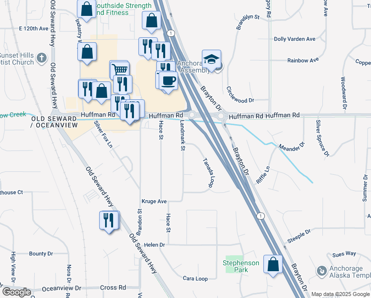 map of restaurants, bars, coffee shops, grocery stores, and more near 12501 Landmark Street in Anchorage