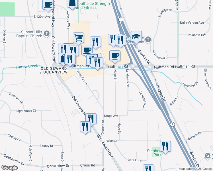 map of restaurants, bars, coffee shops, grocery stores, and more near 12531 Brandon Street in Anchorage
