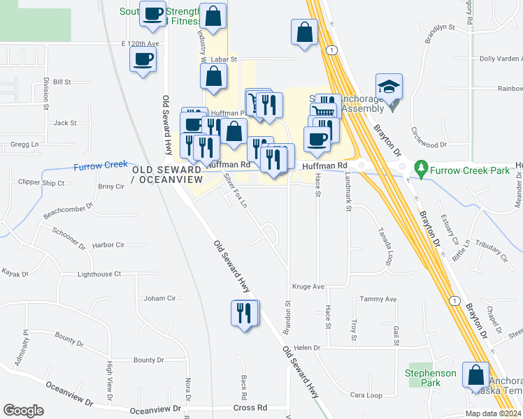 map of restaurants, bars, coffee shops, grocery stores, and more near 12539 Silver Fox Lane in Anchorage