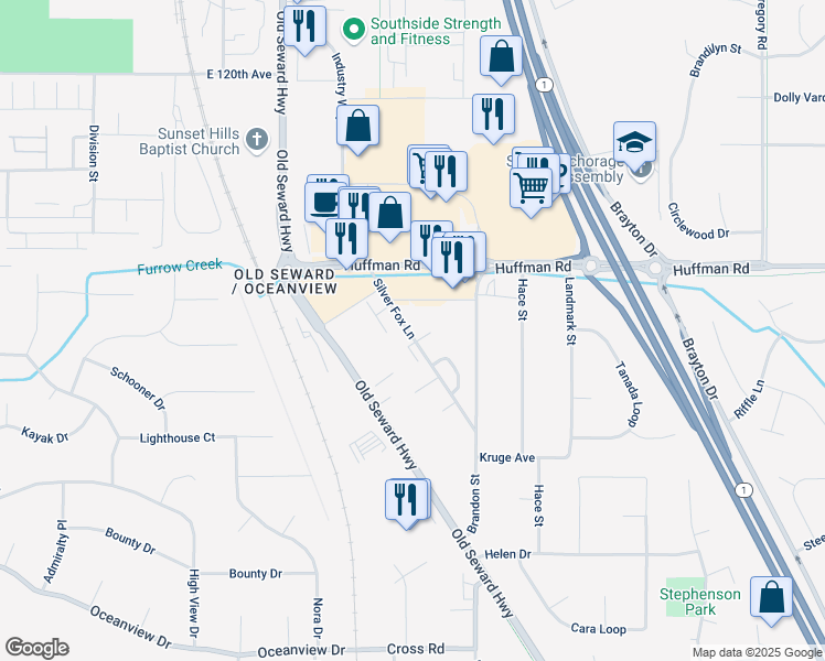 map of restaurants, bars, coffee shops, grocery stores, and more near 12530 Silver Fox Lane in Anchorage