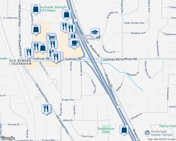 map of restaurants, bars, coffee shops, grocery stores, and more near 12550 Tanada Loop in Anchorage