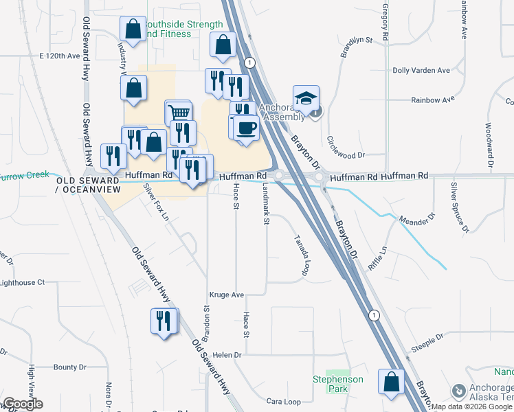 map of restaurants, bars, coffee shops, grocery stores, and more near 12530 Landmark Street in Anchorage