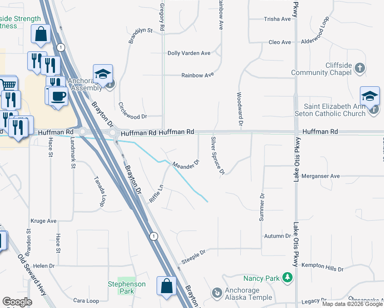 map of restaurants, bars, coffee shops, grocery stores, and more near 2048 Meander Drive in Anchorage