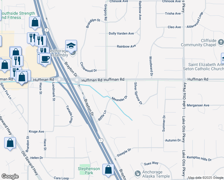 map of restaurants, bars, coffee shops, grocery stores, and more near 2021 Oxbow Circle in Anchorage