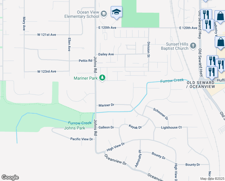 map of restaurants, bars, coffee shops, grocery stores, and more near 12425 Johns Road in Anchorage