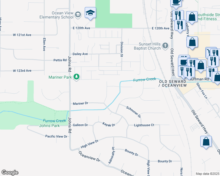 map of restaurants, bars, coffee shops, grocery stores, and more near 521 Clipper Ship Court in Anchorage