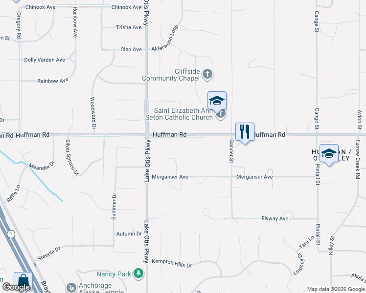 map of restaurants, bars, coffee shops, grocery stores, and more near 2750 Huffman Road in Anchorage