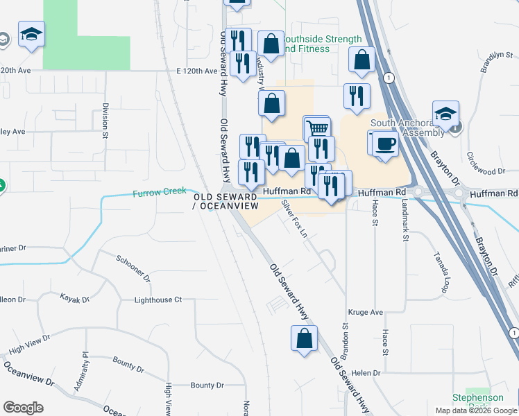 map of restaurants, bars, coffee shops, grocery stores, and more near 1120 E Huffman Road in Anchorage