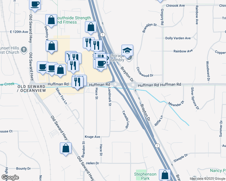 map of restaurants, bars, coffee shops, grocery stores, and more near 12401 Landmark Street in Anchorage