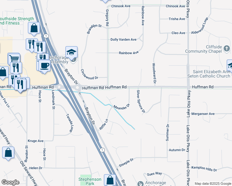 map of restaurants, bars, coffee shops, grocery stores, and more near 2021 Oxbow Circle in Anchorage
