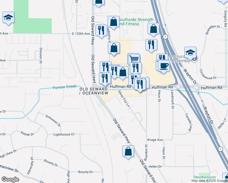 map of restaurants, bars, coffee shops, grocery stores, and more near 1160 Huffman Park Drive in Anchorage